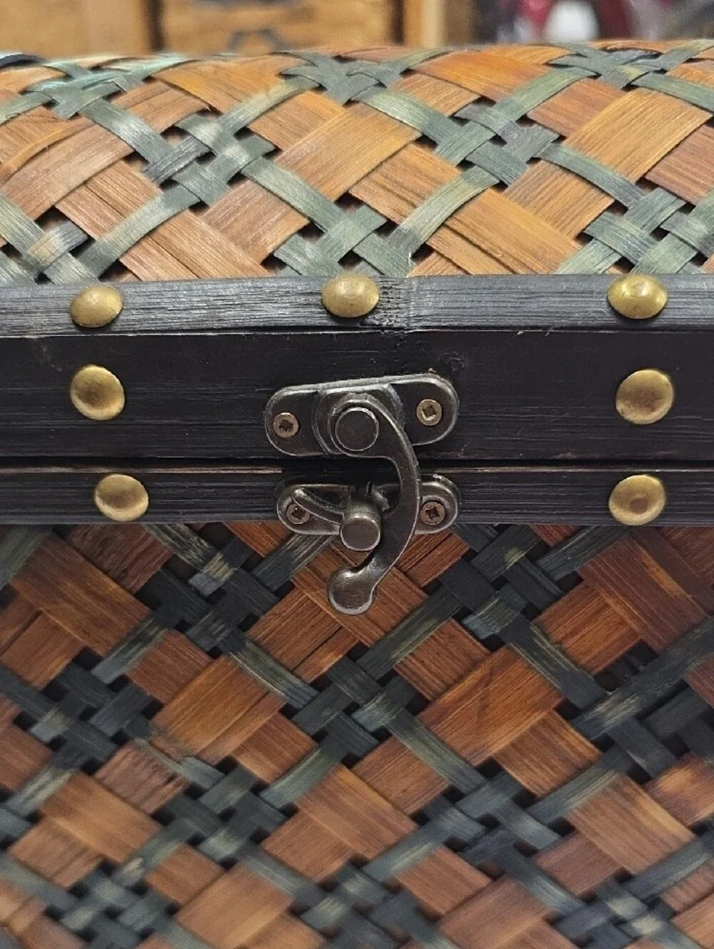 Vintage Woven Wicker, Brass,  and Wood Hinged chest